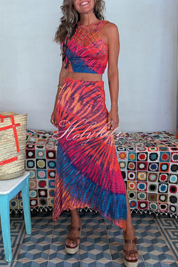 Tulipan Tie-dye Print High Rise  Elastic Waist Slit Stretch Midi Skirt