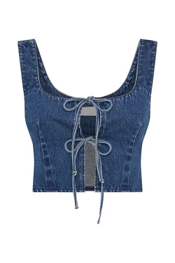 Heather Denim Center Front Tie-up Crop Tank Top