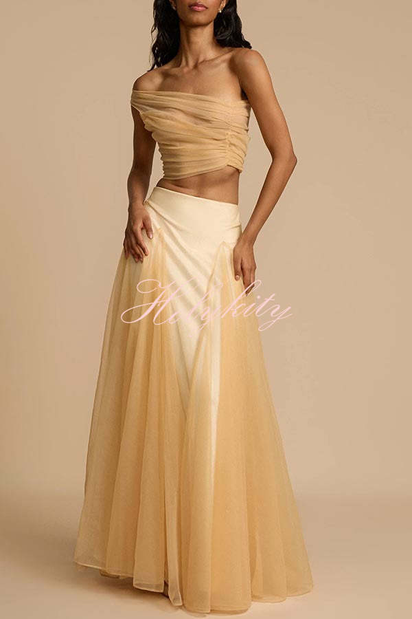 Romance Factor Satin Patchwork Tulle High Rise Elastic Waist A-line Maxi Skirt