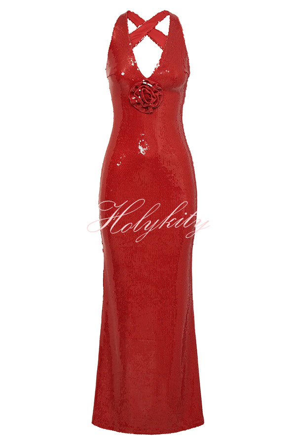 Sicilian Rose Sequin Three-dimensional Floral Sexy Backless Maxi Dress