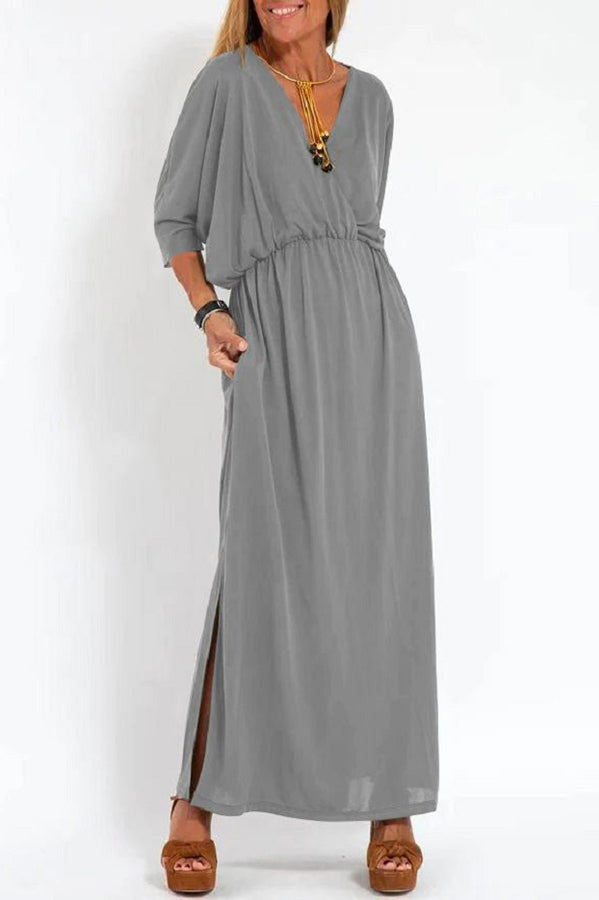 Ultimate Comfort Elastic Waist Half Sleeve Pocketed Slit Maxi Dress