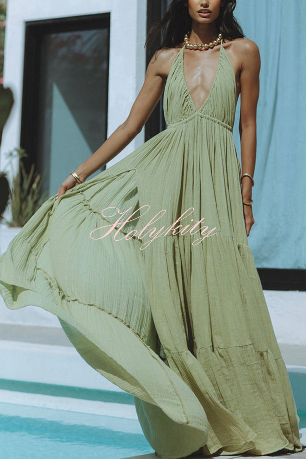 Laelia Linen Blend Halter Backless Slit Cover Up Maxi Dress