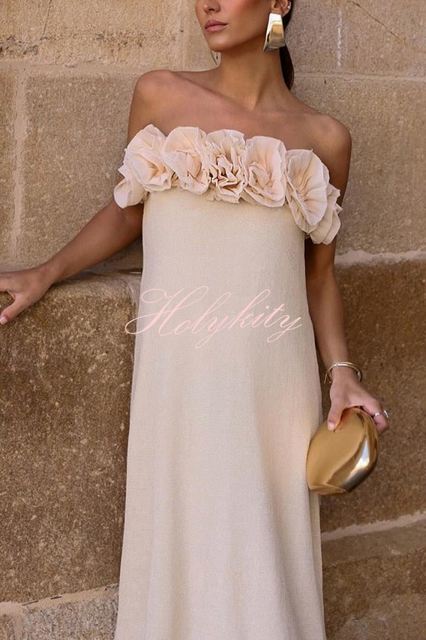 Blooming Chic Flower Applique Elastic Off Shoulder Strapless Maxi Dress