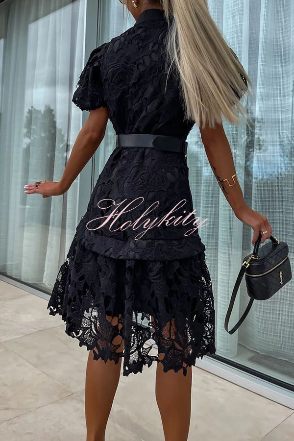 Absolutely Elegant Floral Crochet Lace Puff Sleeve Belted Shirt Midi Dress