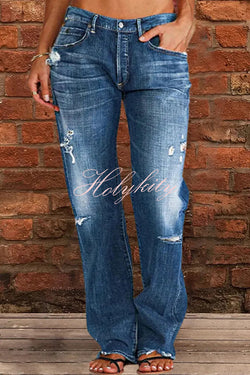 Vintage Washed Ripped Wide Leg Jeans