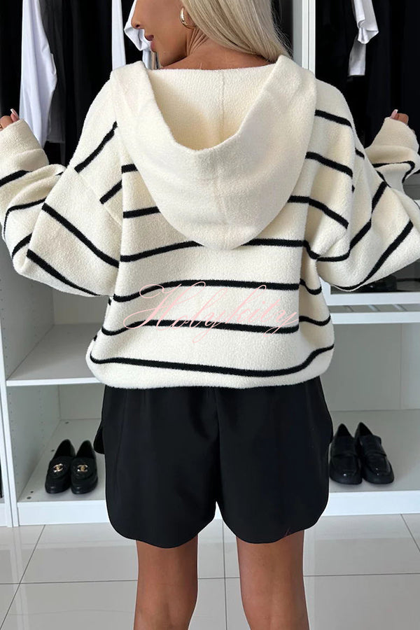 Fashion and Comfort Knit Striped Button Up Pocketed Loose Hooded Cardigan