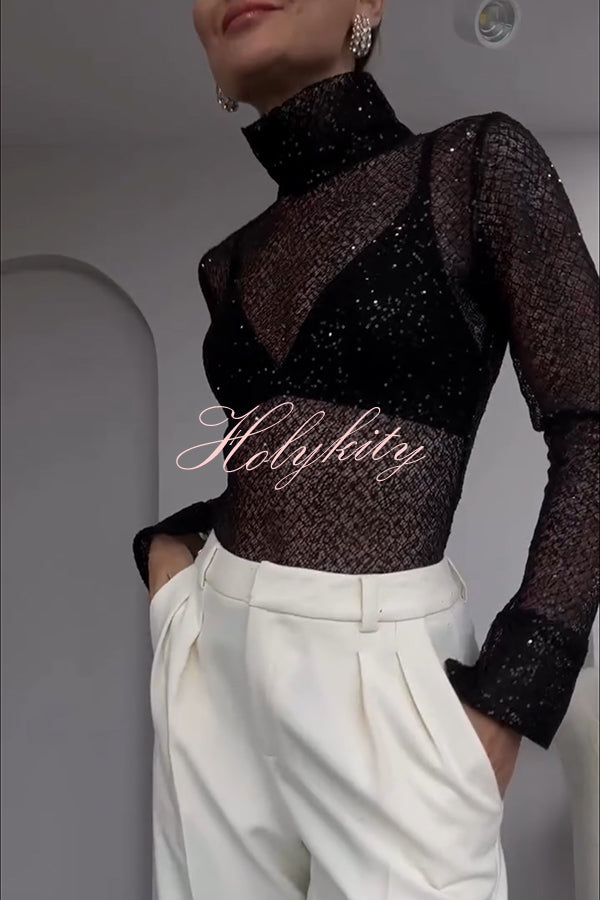 Shimmering Twilight Sequin Turtleneck Long Slit Sleeve H-line Blouse