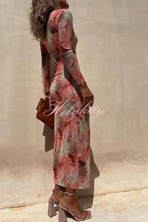 Charm Lady Mesh Overlay Tie Dye Print Long Sleeve Ruched Stretch Midi Dress