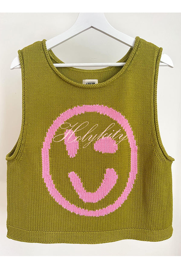 Always Happy Face Knit Unique Pattern Versatile Loose Tank Top