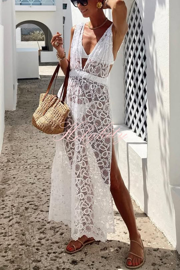 Swimsuit Partner Floral Lace Elastic Waist Back Ruffles Slit Vacation Dress