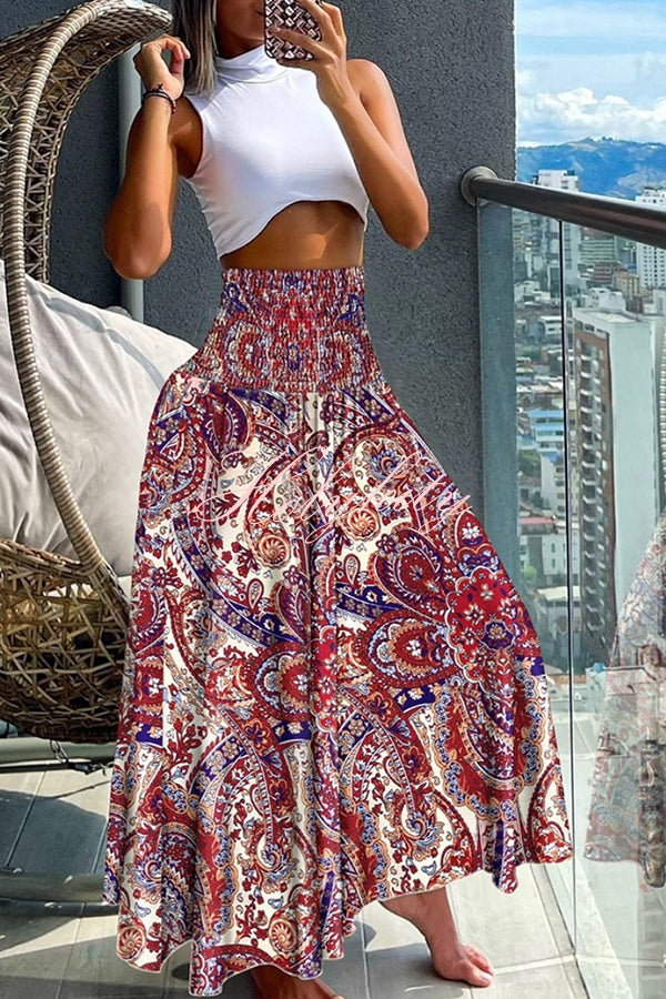 Unique Printed Pleated Elastic Waist Holiday Casual Maxi Skirt