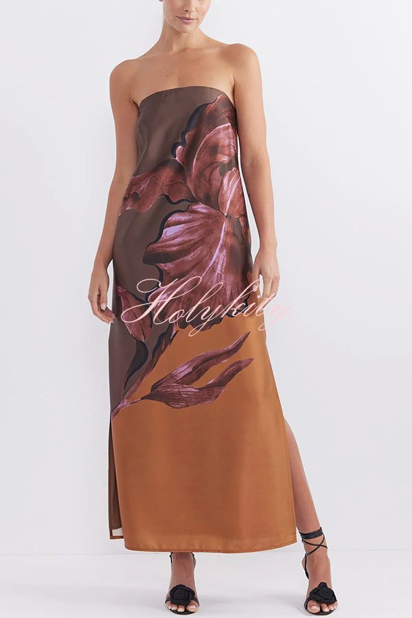 Floral Print Sexy Elastic Bandeau Slit Midi Dress