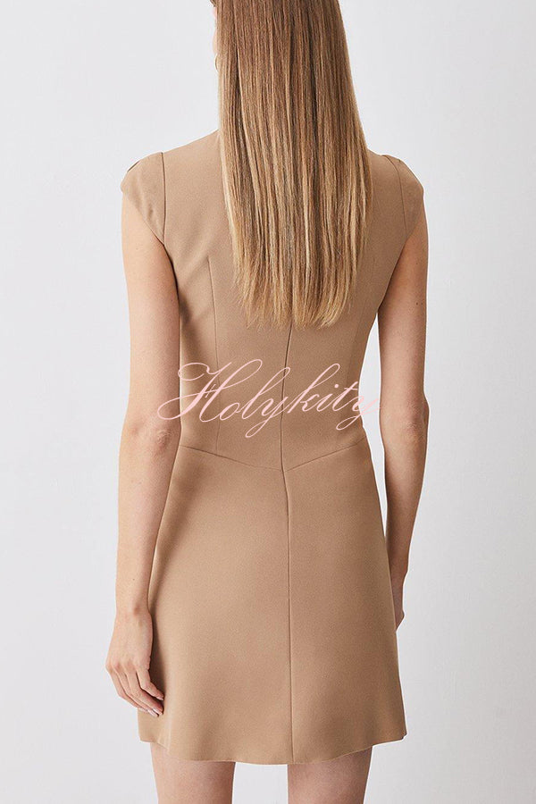 Military Style Cap Sleeve High Neck Patchwork Pleated Hem Mini Dress