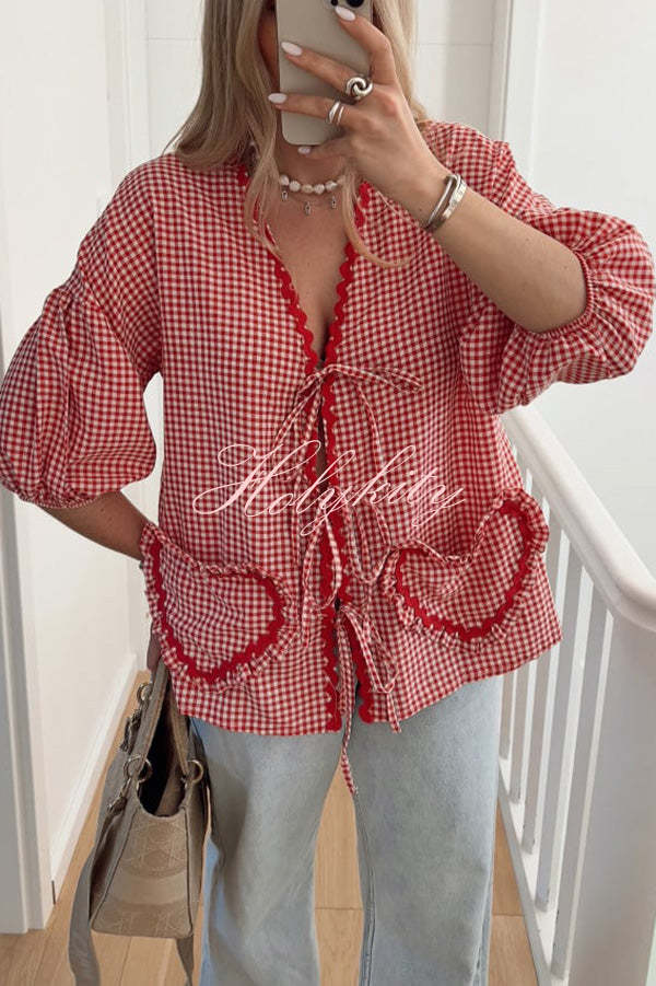 Lovely Plaid Heart Pattern Casual Lace-up Pocket Loose Shirt