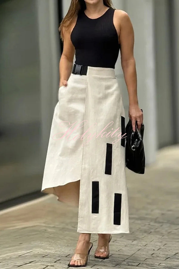 Stylish Cropped Sleeveless Top and Pockets Irregular Hem Skirt Set