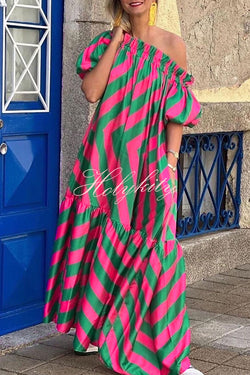 Exquisite Striped Patchwork Bell Sleeve Pocket Maxi Dress