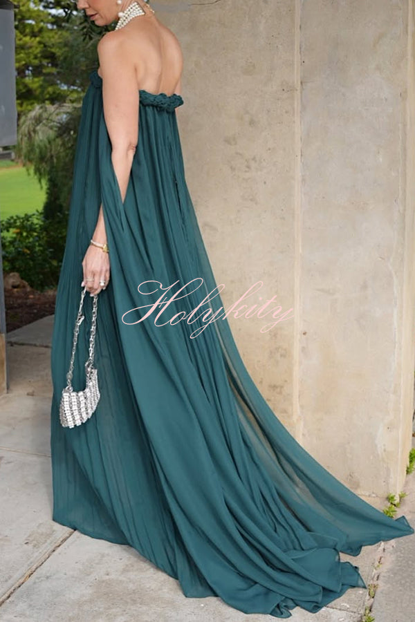 Fairy Spirit Tulle Braided Neckline Tie Arm Straps Pleated Maxi Dress