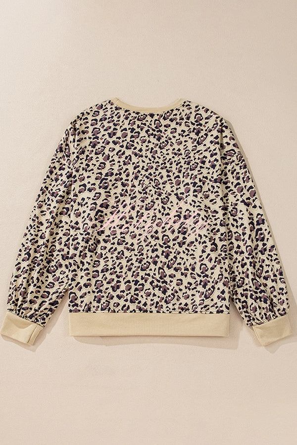 Leopard Print Crew Neck Patchwork Long sleeve Casual Loose Sweatshirt