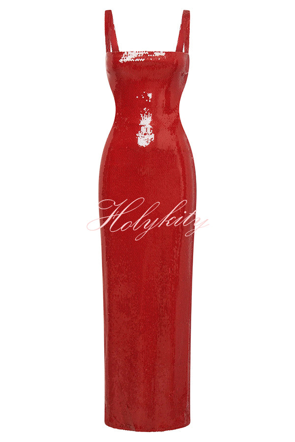 Eye Catching Sequin Cutout Waist Wide Strap Bacakless Maxi Dress