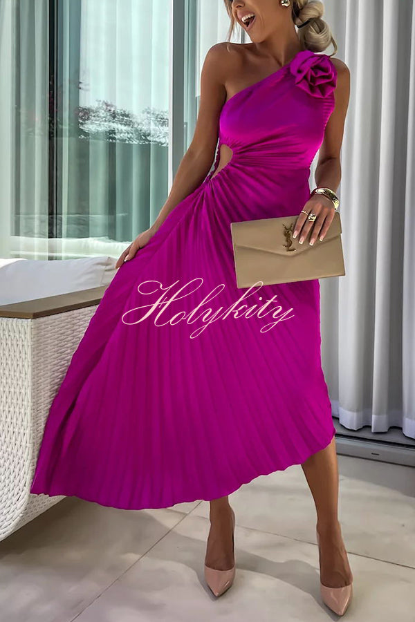 Romantic Nights Satin Raised Flower Elastic Cutout One Shoulder Pleated Maxi Dress