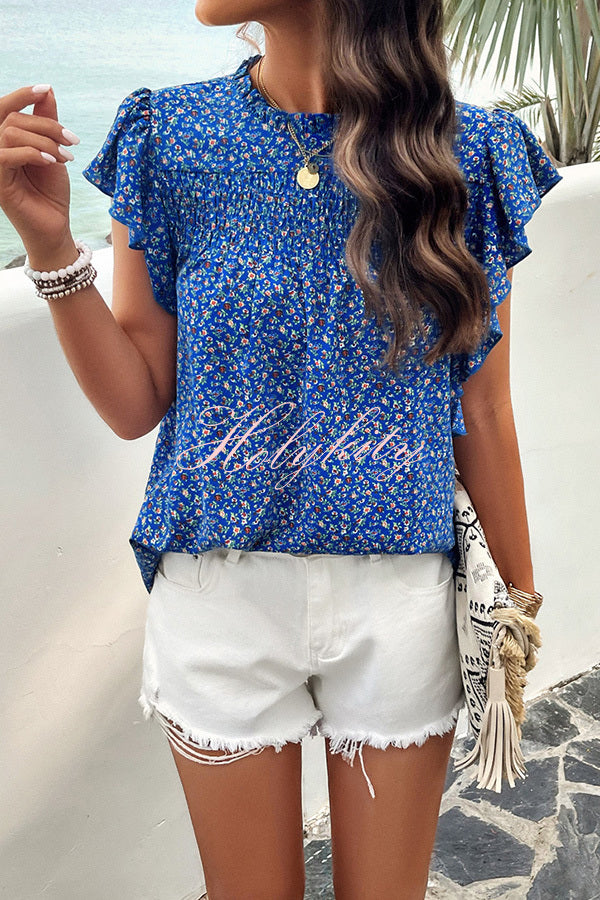 Floral Print Pleated Crew Neck Pullover Top