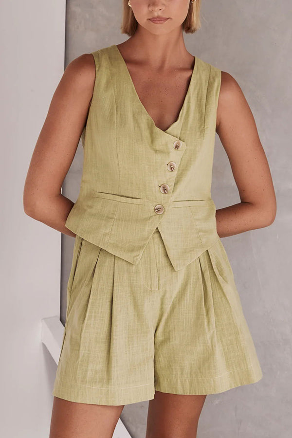 Relaxed Button Pocket Linen Blend V Neck Shorts Set