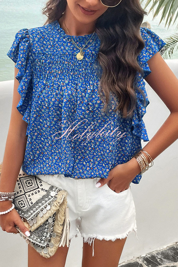 Floral Print Pleated Crew Neck Pullover Top