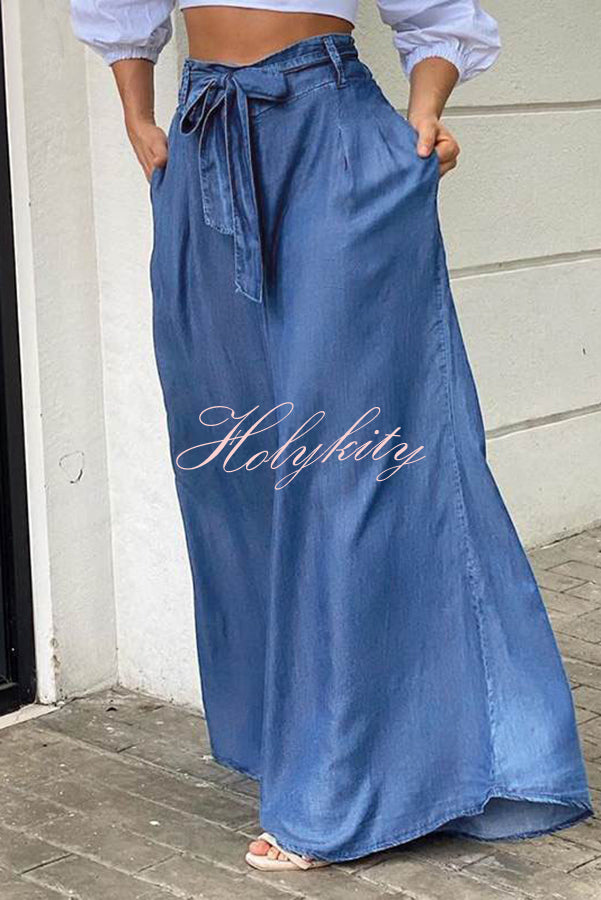 Tie Waist Pleated Side Pocket Wide Leg Jeans