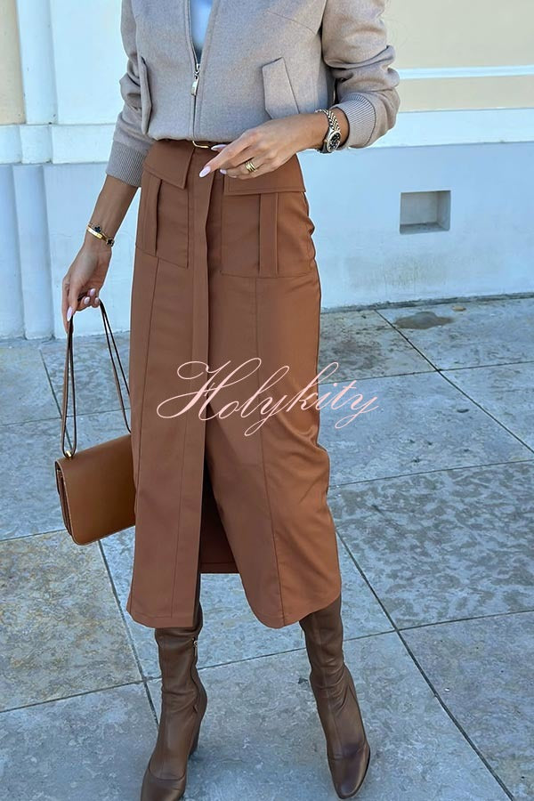 Zayna High Rise Pocketed Front Slit Cargo Midi Skirt