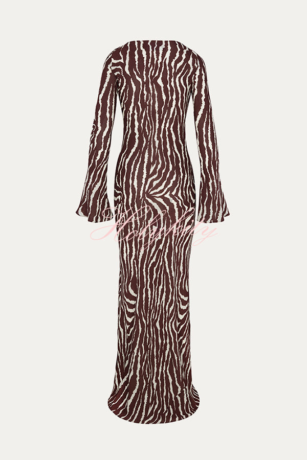 Gia Unique Print Boat Neck Long Bell Sleeve Bias Cut Maxi Dress