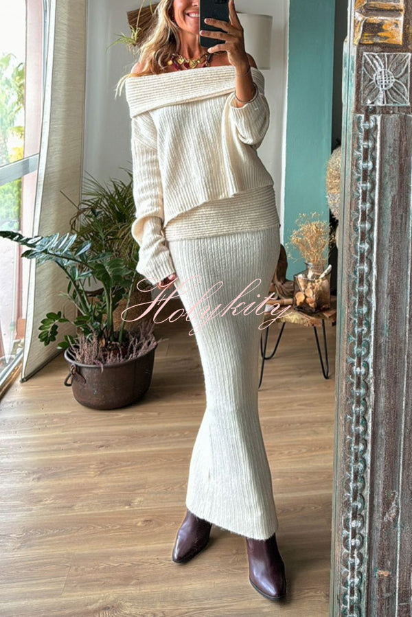 Luka Ribbed Knit Off Shoulder Long Sleeve Sweater and Stretch Maxi Skirt Set