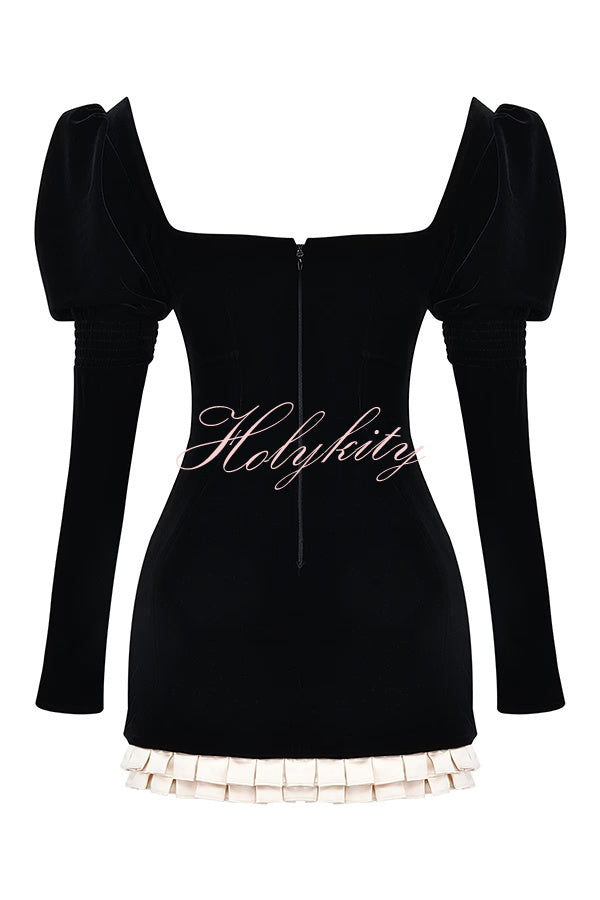 Vintage Velvet Square Neck Long Sleeve Fitted Mini Dress