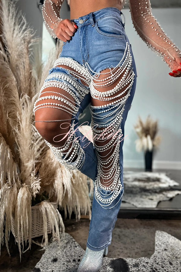 Stylish Multi-layered Pearl Chain Ripped Pocket Straight Jeans
