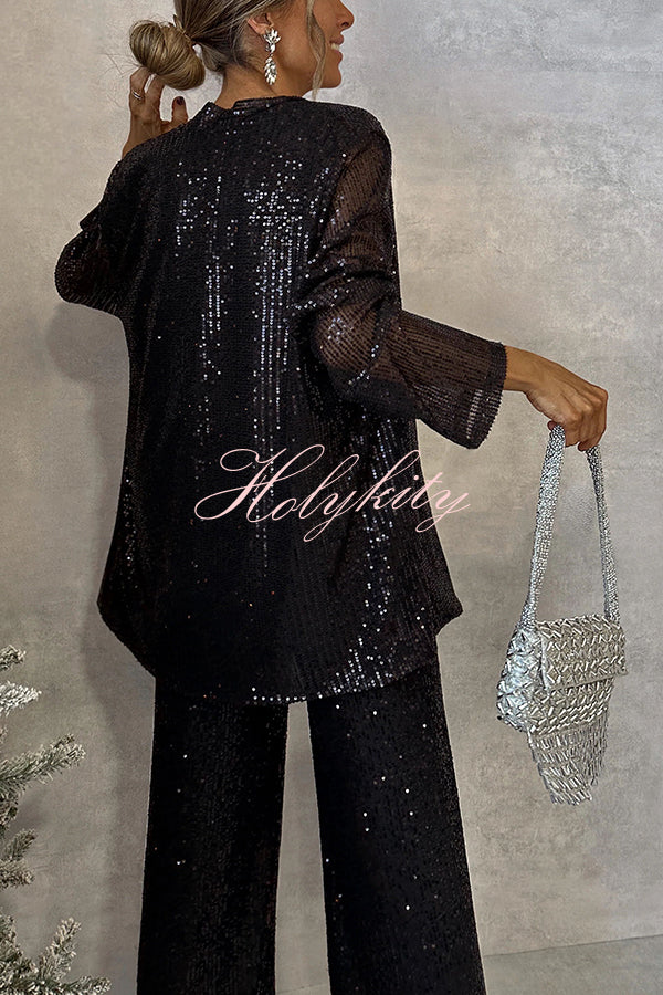 Party Scene Sequin Open Front Long Sleeve Drape Coat