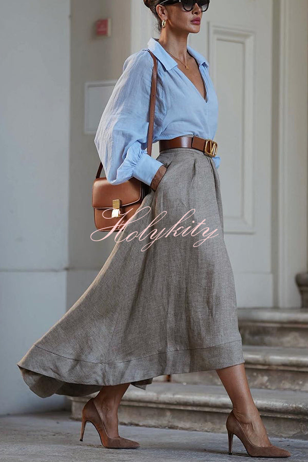 Caught A Vibe Linen Blend Back Elastic Waist Pocketed High Low Maxi Skirt