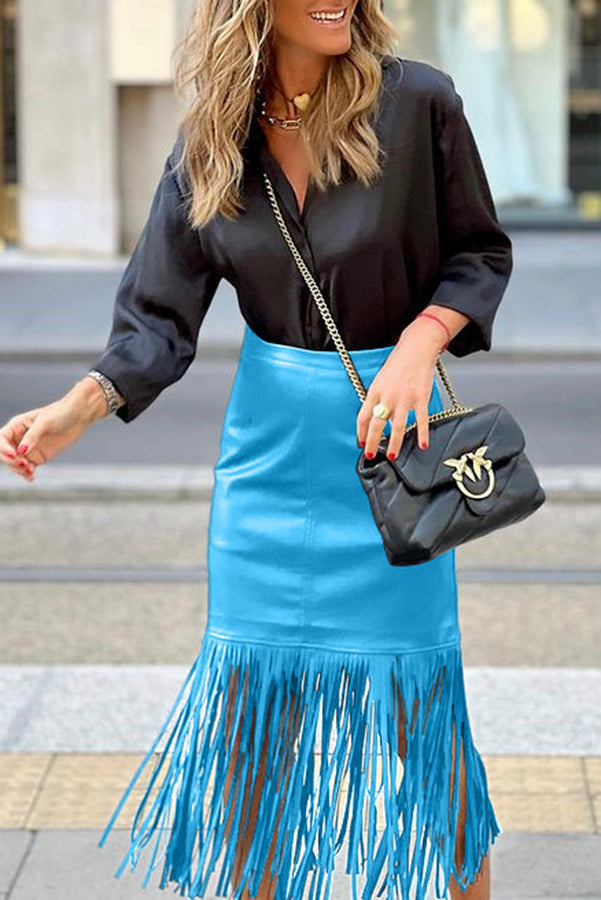 Haow Solid Color Fringed Paneled Leather Skirt