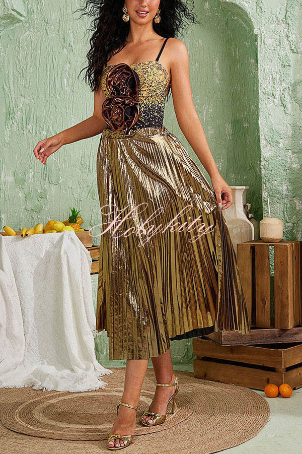 Fashion Metallic Fabric Elastic Waist Beach Midi Skirt