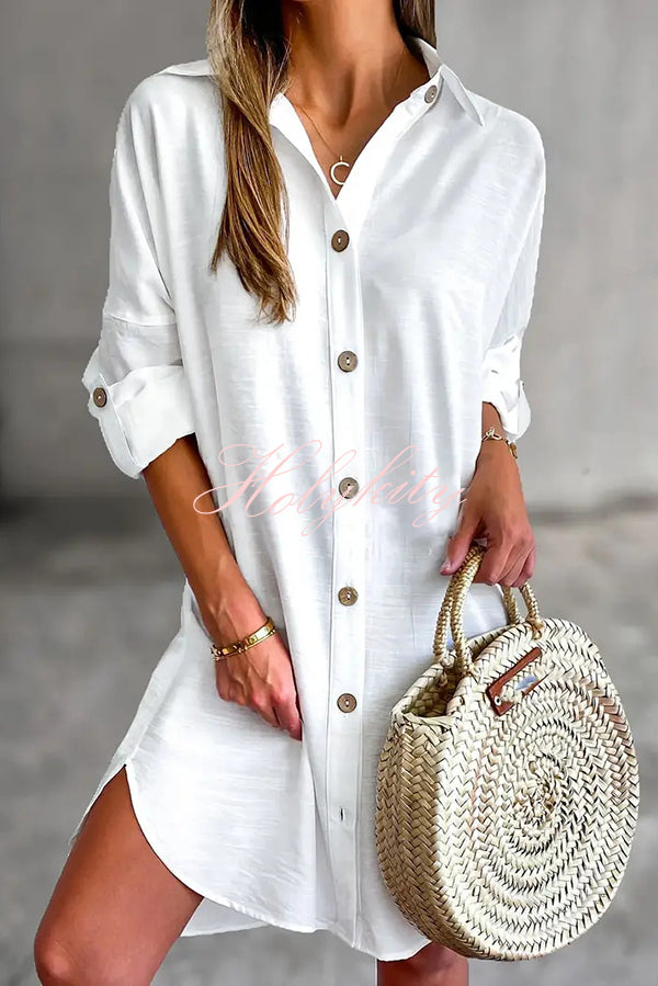 Solid Color Casual Button-Down Shirt Style Mini Dress