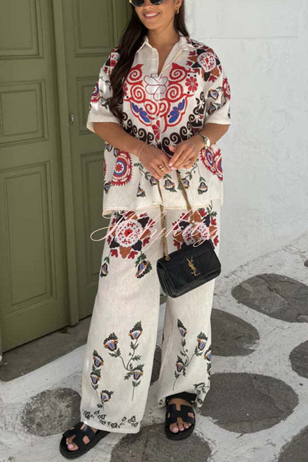 Fiji Ethnic Unique Printed Casual Shirt and Elastic Waist Wide Leg Pants Set