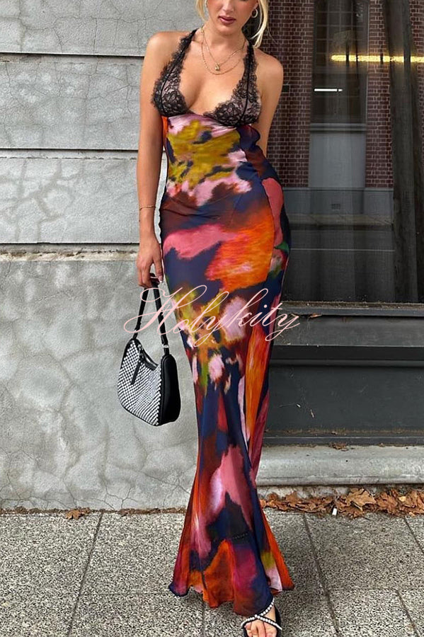 Rosalinda Abstract Floral Print Lace Patchwork Back Lace-up Maxi Dress