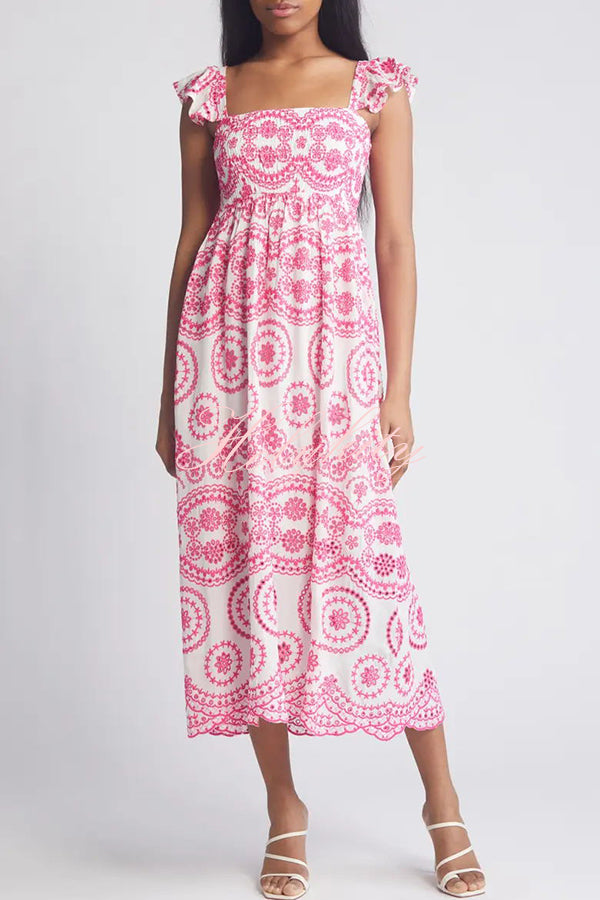 Darling & Dainty Embroidery Style Unique Print Smocked Midi Dress