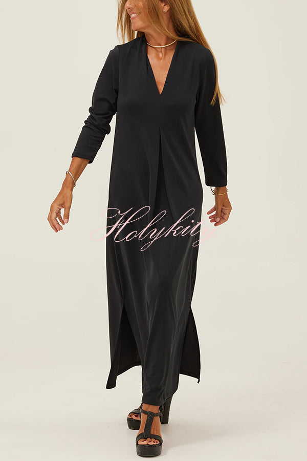 Solid Color V-neck Casual Slit Maxi Dress