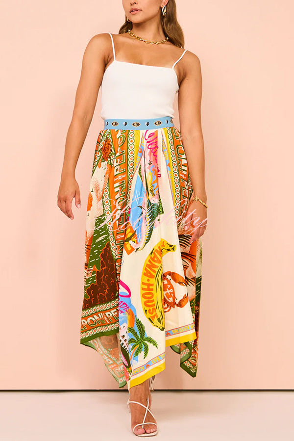 Summer Destination Satin Unique Print Elastic Waist Irregular Hem Maxi Skirt