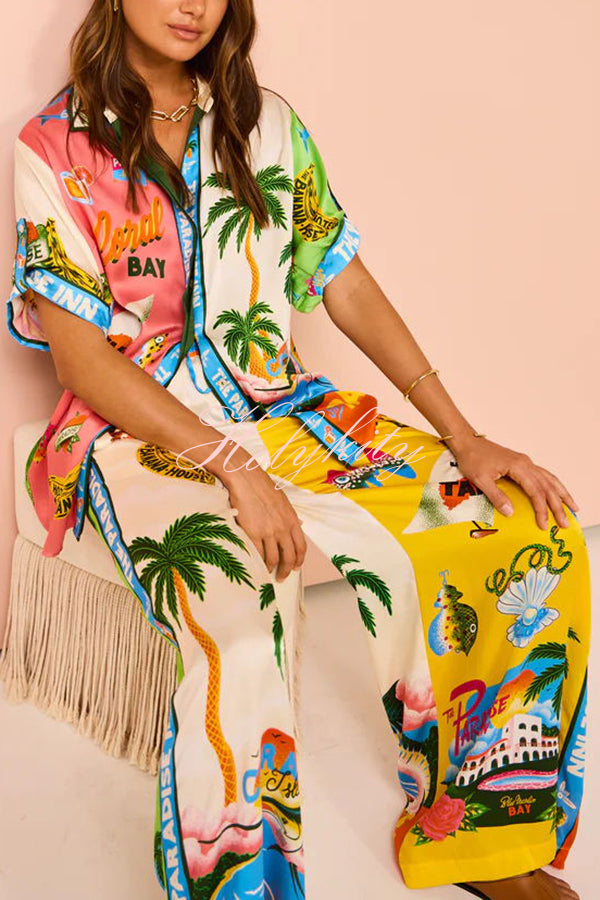 Kissed By The Sun Satin Unique Print Colorblock Button Down Oversized Blouse