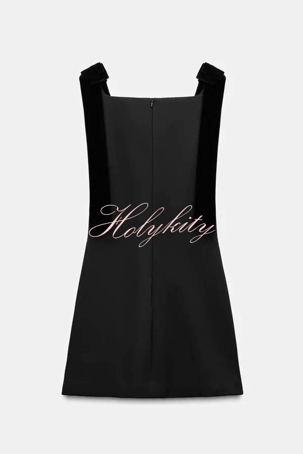 Miss Hepburn Velvet Bow Straps Straight Neckline Loose Mini Dress