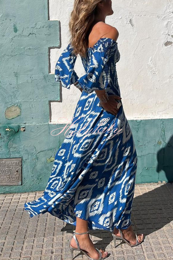 Close To The Vacation Ethnic Print Smocked Off Shoulder Pocketed Maxi Dress