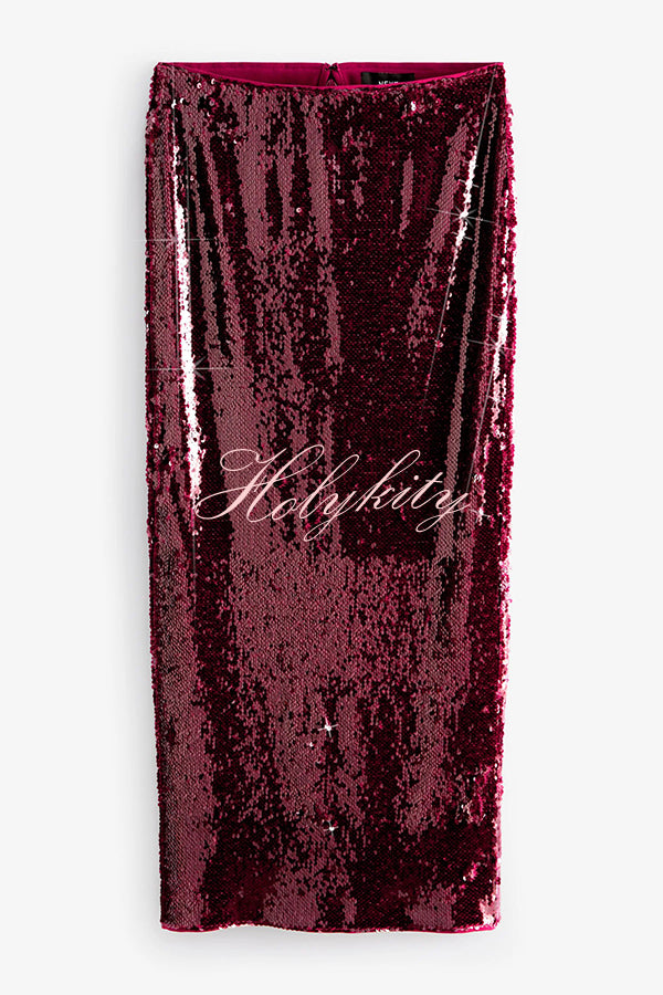 Feeling Festive Texture Sequin Elastic Waist Slit Maxi Skirt