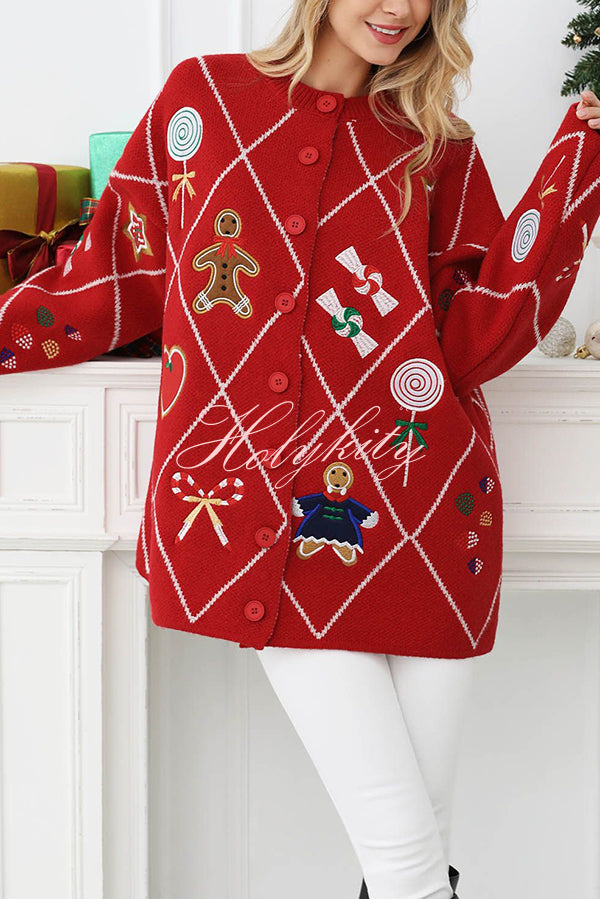 Argyle Candy Gingerbread Man Embroidered Button-knit Cardigan