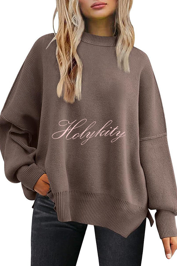 Distressed Knit Side Slit Long Sleeve Pullover Sweater