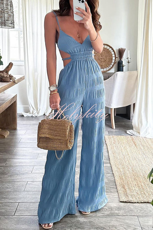 Summer Vacay Style Crinkle Fabric Cut Out Elastic Waist Pocket Backless Jumpsuit